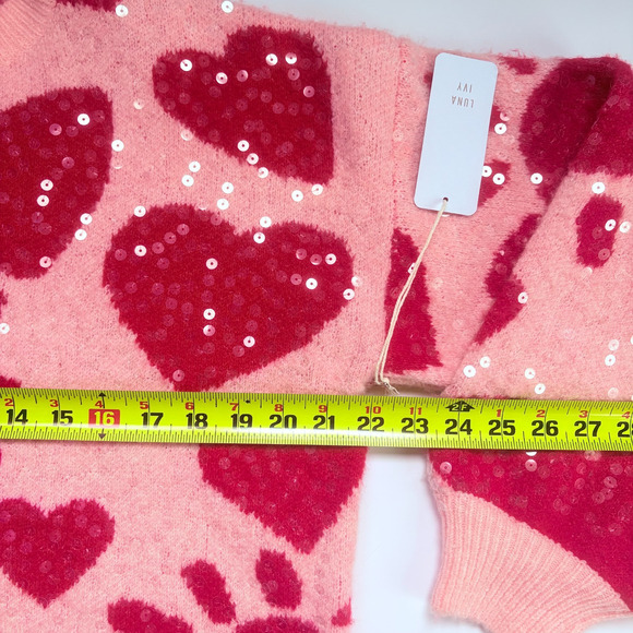Luna Ivy Sequin Heart Sweater Pink Red Medium Boxy Preppy Y2K Glam Playful - Picture 8 of 10